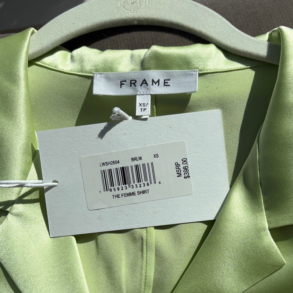 Nwt Frame “The Femme Shirt”Lime Green Blouse Gorgeous Silk. Includes Gift Box